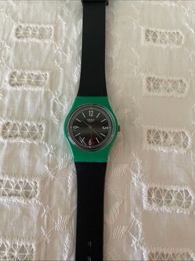 Swatch Green Case Black Strap Watch with Red Second Hand